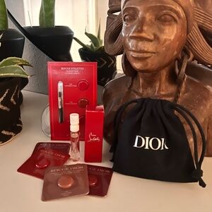 DIOR & LOUBOUTIN Travel Size Red Lipsticks AND Perfume with Mini Drawstring Bag
